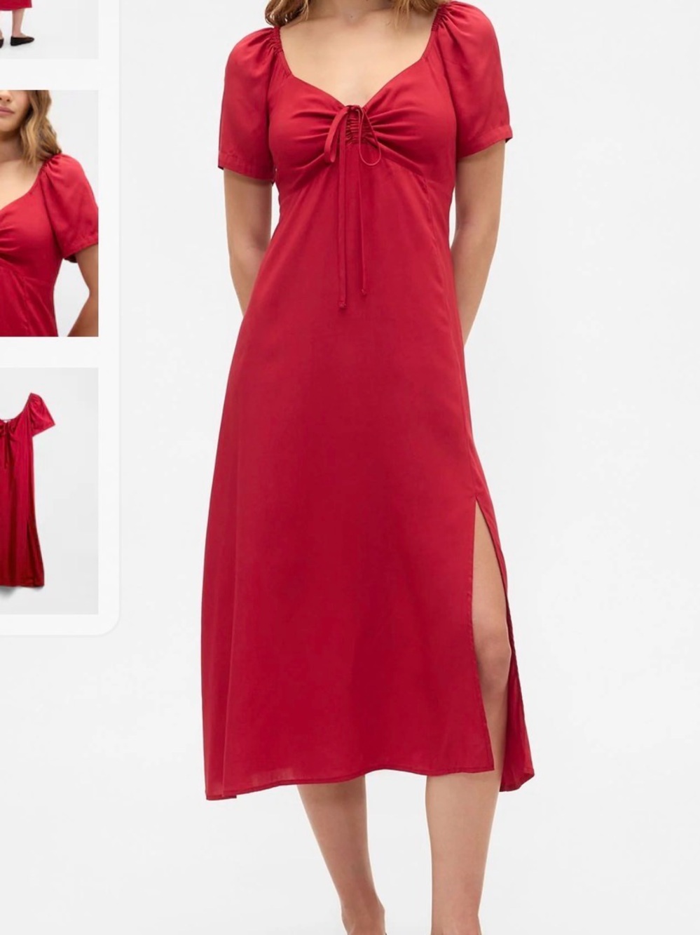 GAP Red Tie-Front Midi Dress Puff Sleeve